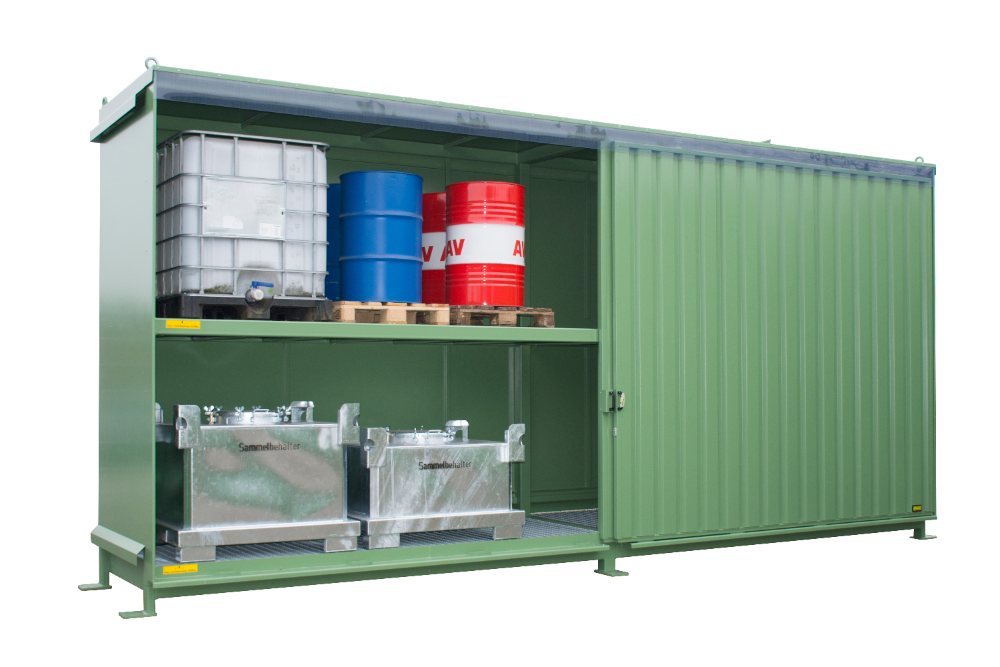 Regalcontainer mit zwei Lagerebenen und Schiebetor